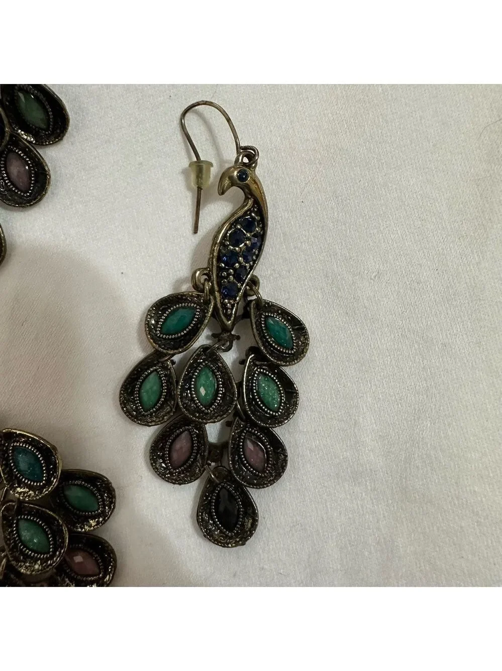 VINTAGE BOHEMIAN PEACOCK CHANDELIER EARRINGS & RING SET OCEAN HUES STATEMENT LUX